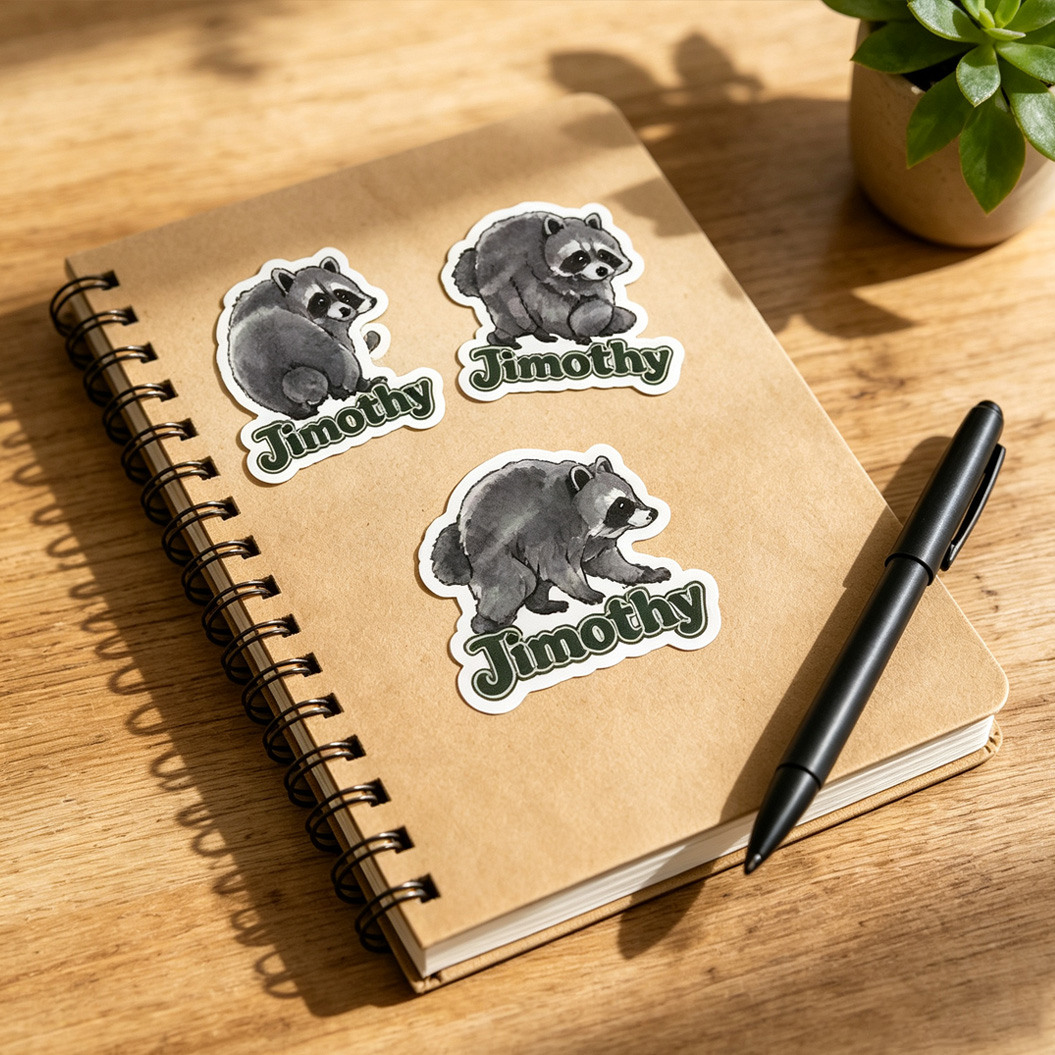 Jimothy Seattle Raccoon Sticker with Name Animal Sticker Laptop and Water Bottle Decor