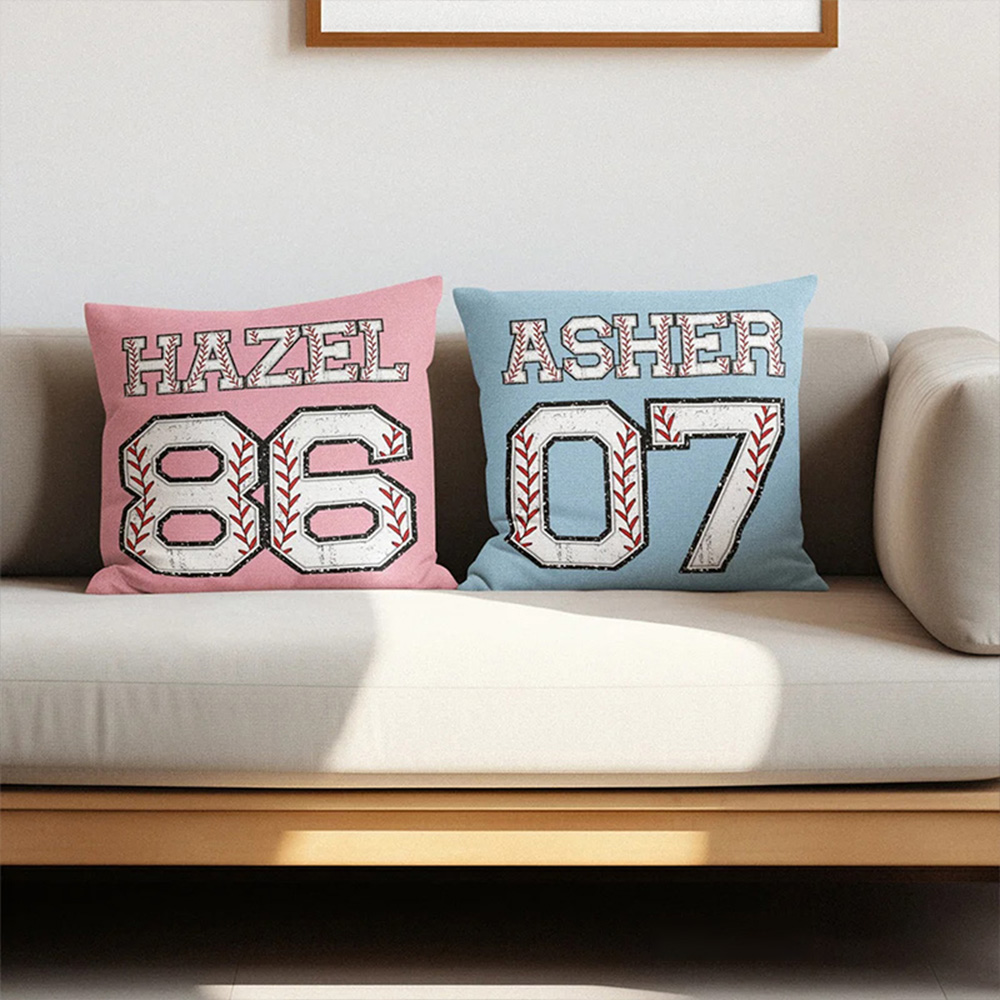 Personalized Multicolor Baseball Sports Theme Throw Pillow with Custom Player Name and Number