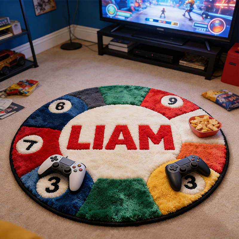 Personalized Pool Ball Rug with Custom Name and Vibrant Colors for Billiard Fans