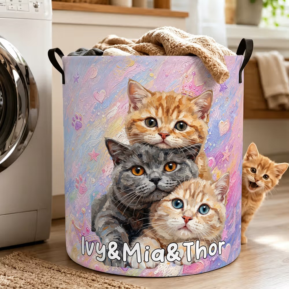 Personalized Pet Portrait Collapsible Laundry Hamper, Large Capacity Custom Name Storage Basket Birthday and Housewarming Gift for Pet Lovers