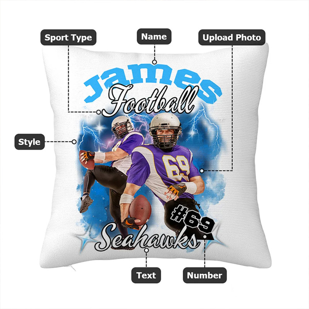 Personalized Photo Brilliant Lightning Sport Throw Pillow with Custom Name for Sports Lover