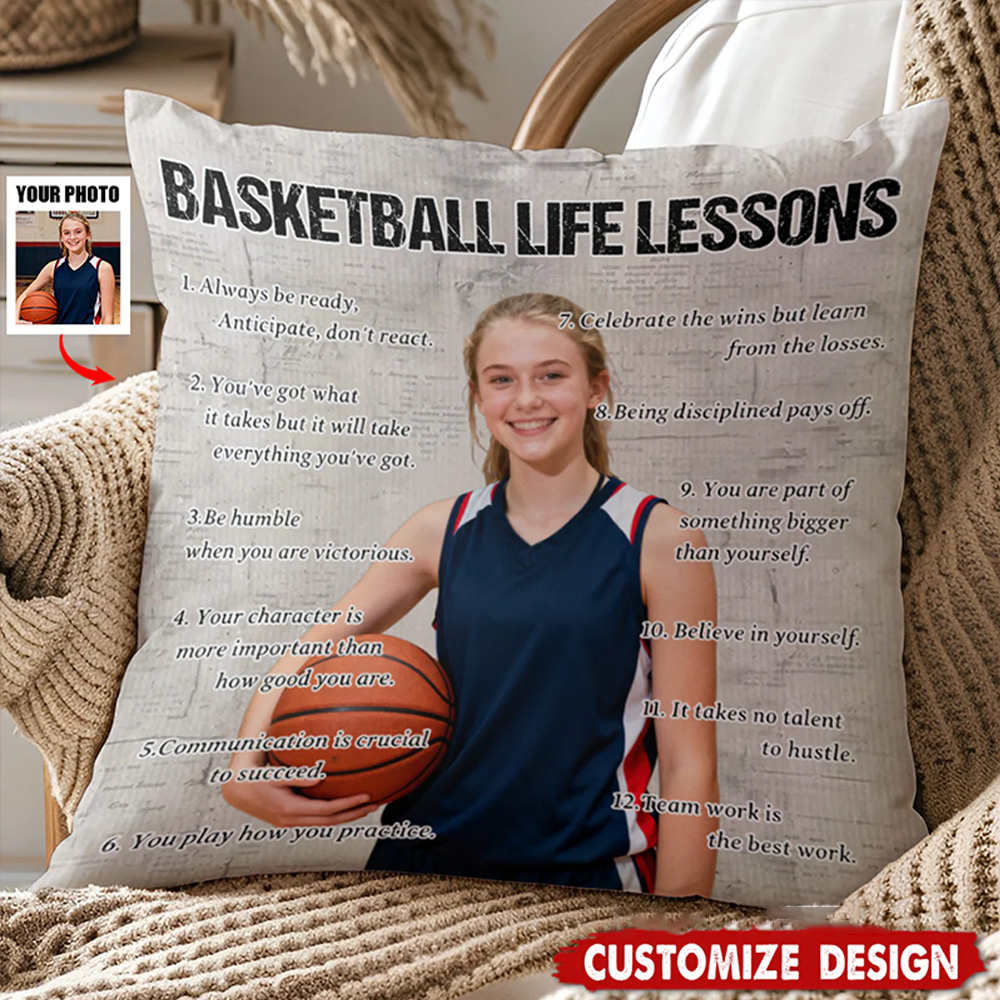 Personalized Basketball Life Lessons Pillow with Custom Photo and Inspirational Quotes