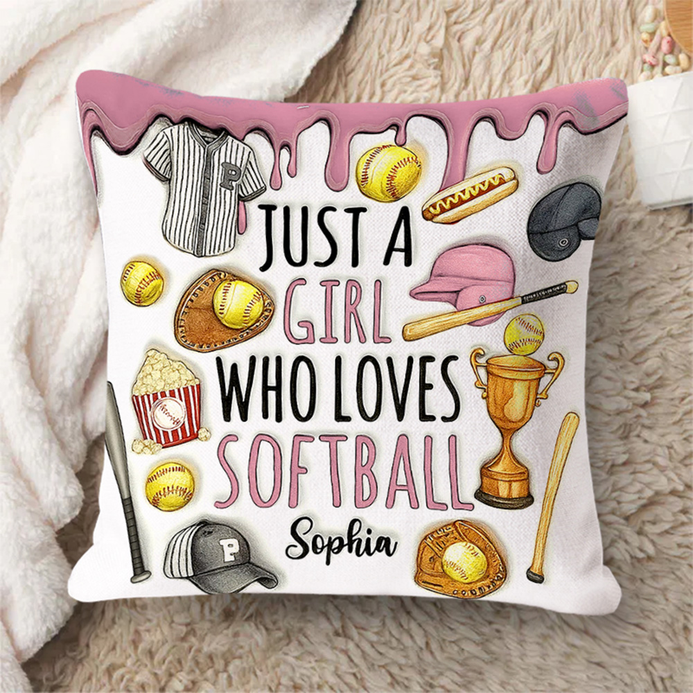Personalized "Just a Girl Who Loves Softball" Throw Pillow with Sports Icons and Custom Name for Softball Enthusiasts   