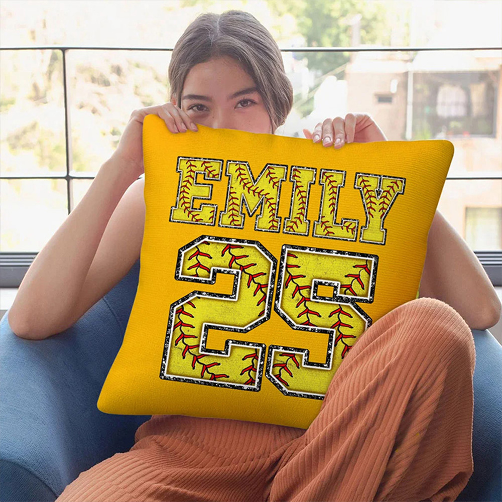 Personalized Multicolor Softball Throw Pillow with Custom Name and Number 