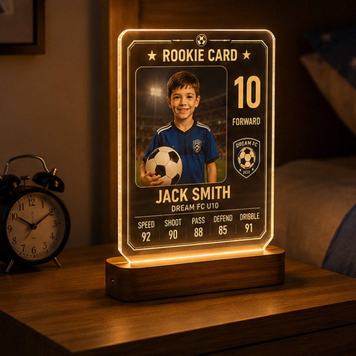 Personalized Rookie Soccer Card LED Night Light for Kids – Custom Photo, Name, Number & Stats