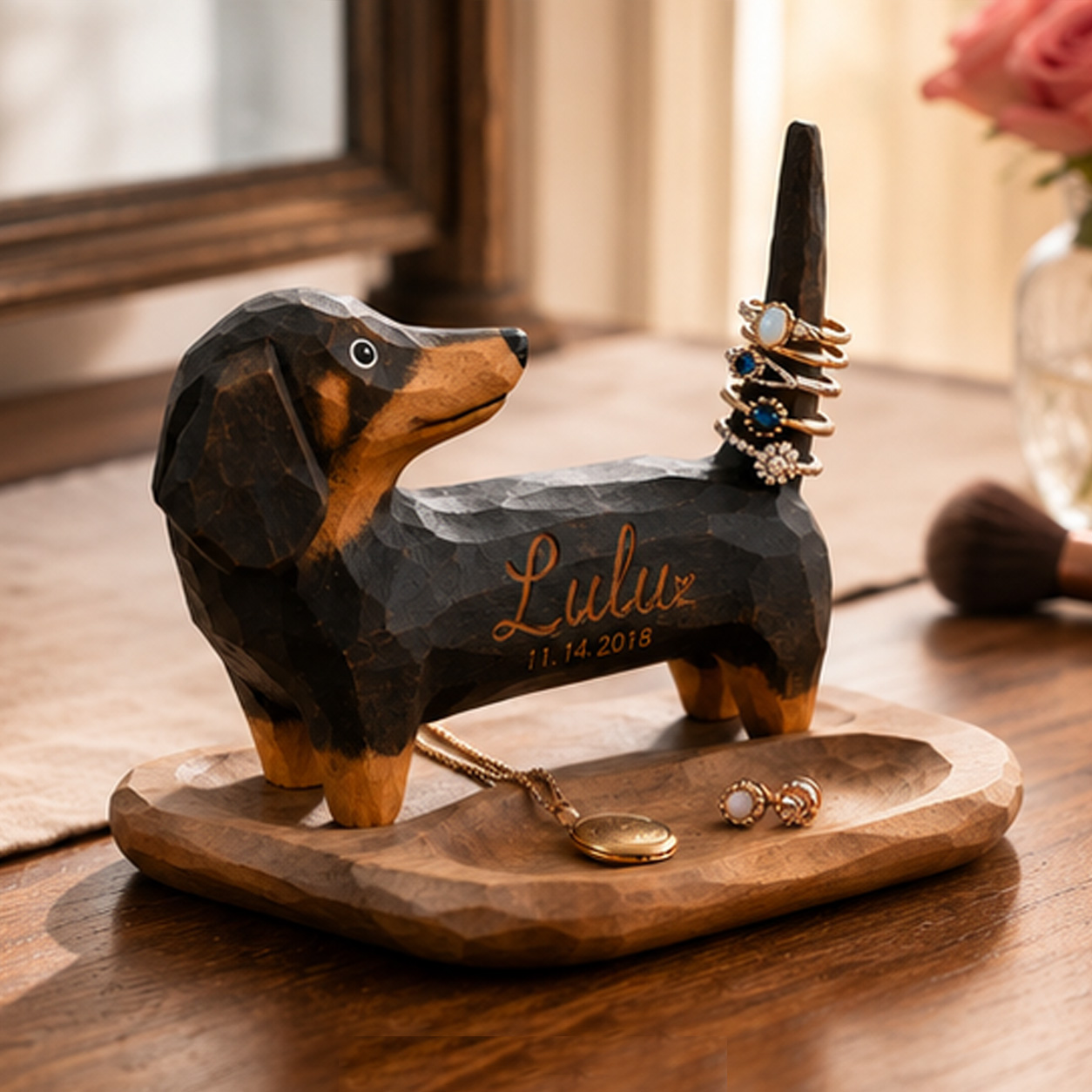 Personalized Dachshund Ring Holder – Custom Name Sausage Dog Jewelry Stand