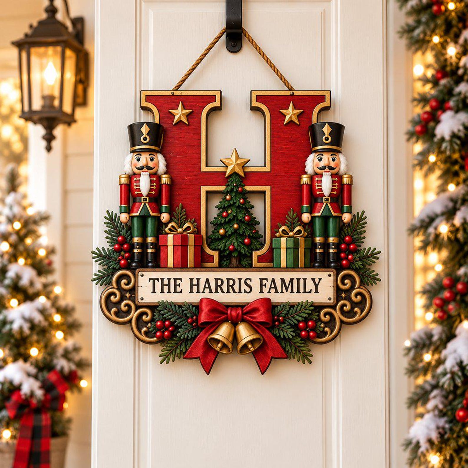 Personalized Nutcracker Christmas Wooden Door Sign, Family Name Initial Hanger, Red Green Holiday Monogram Decor, Festive Housewarming Gift