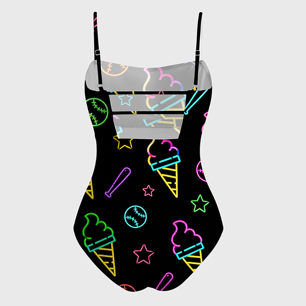 Personalized Women’s Baseball & Softball Ice Cream One-Piece Swimsuit – Neon Ballpark Treats Print
