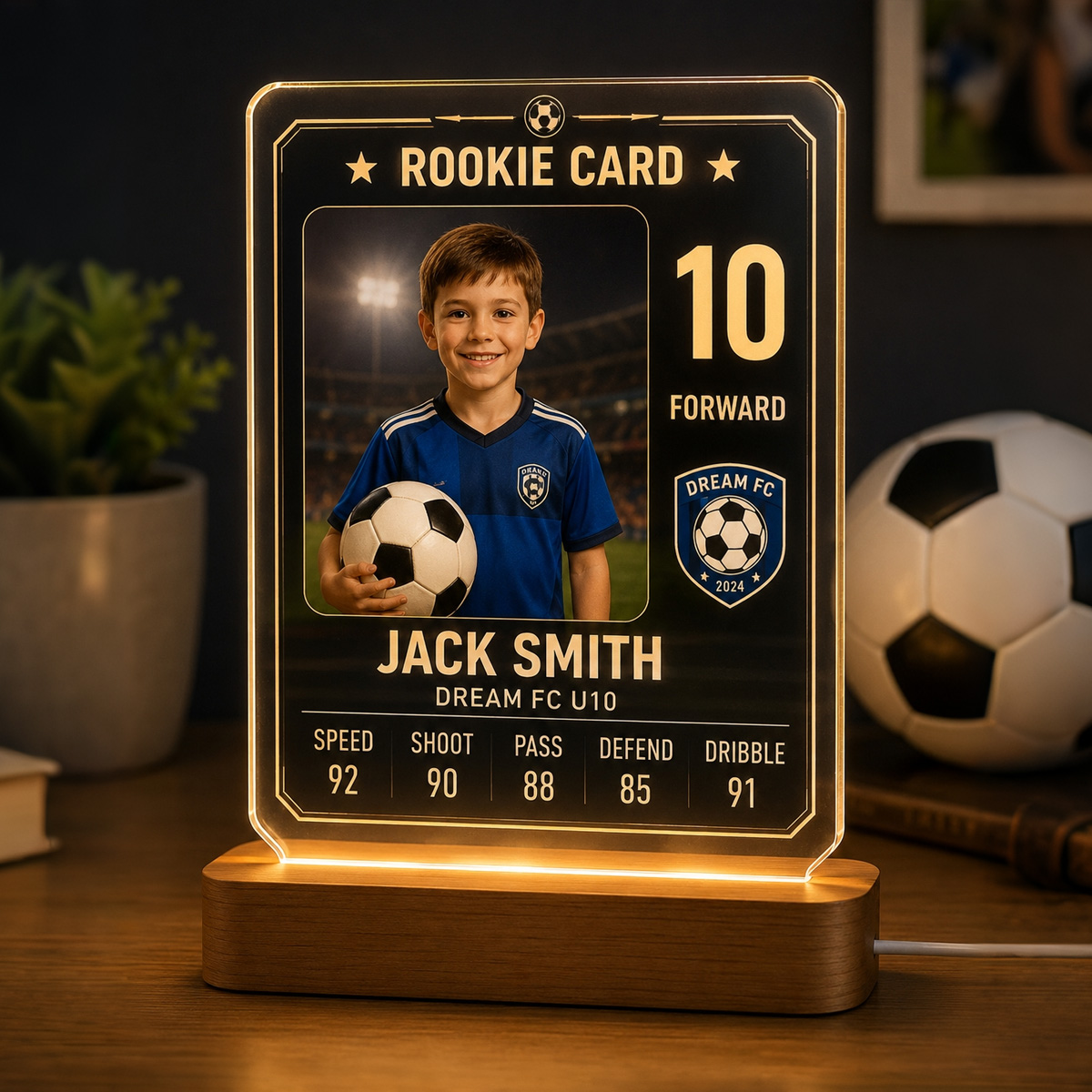 Personalized Rookie Soccer Card LED Night Light for Kids – Custom Photo, Name, Number & Stats