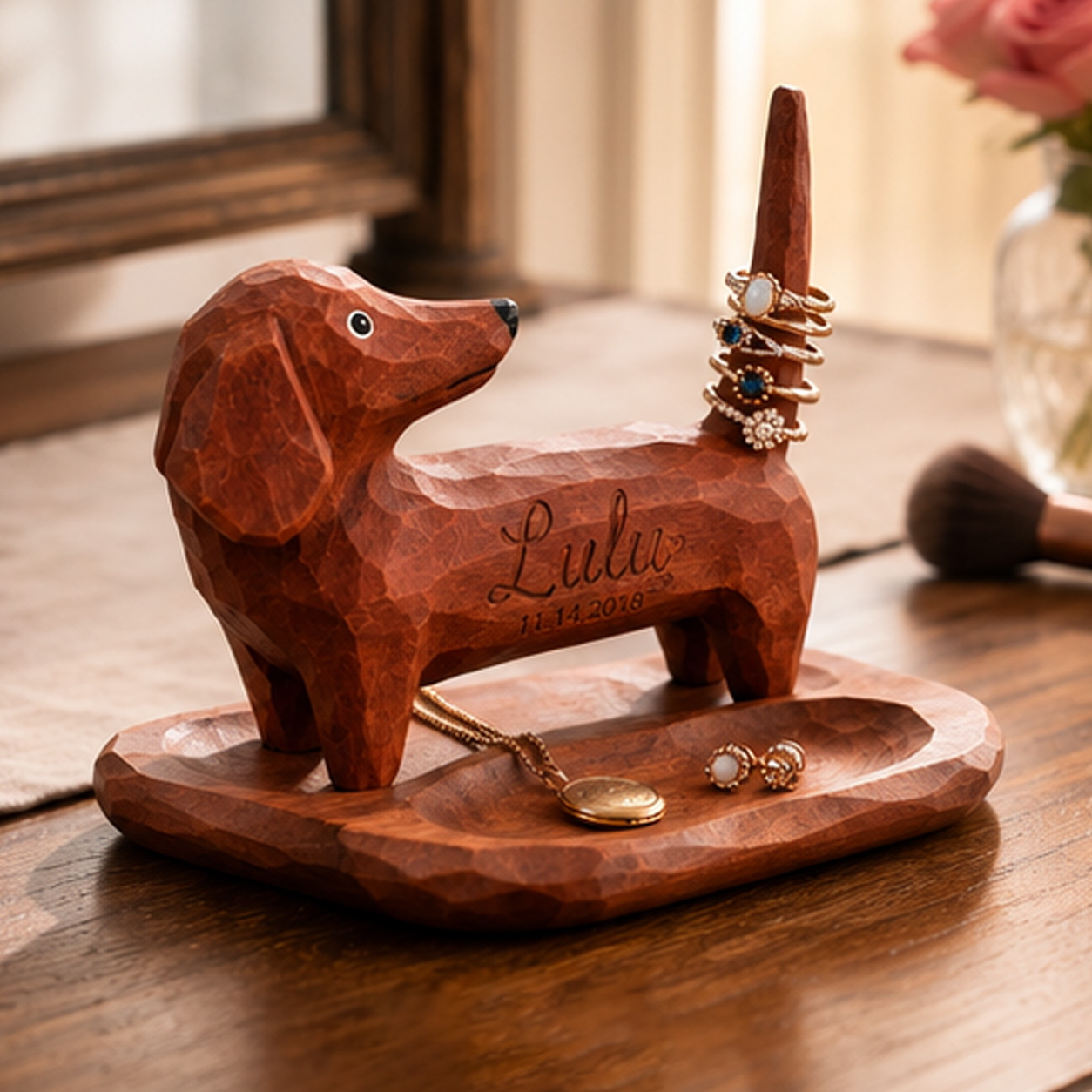 Personalized Dachshund Ring Holder – Custom Name Sausage Dog Jewelry Stand