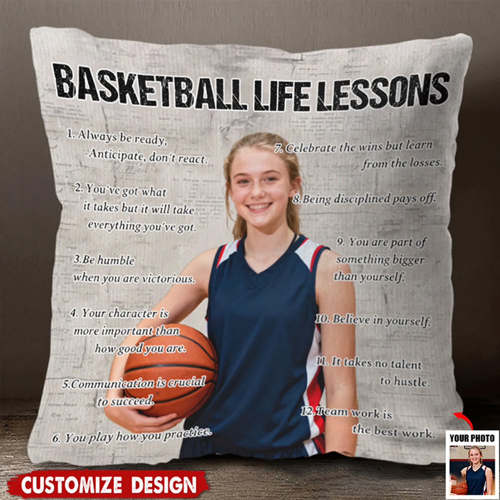 Personalized Basketball Life Lessons Pillow with Custom Photo and Inspirational Quotes