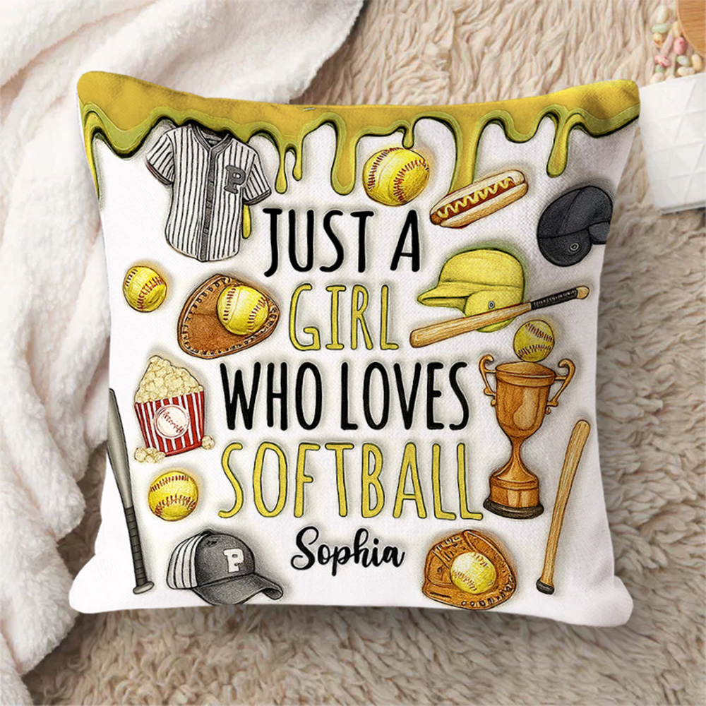 Personalized "Just a Girl Who Loves Softball" Throw Pillow with Sports Icons and Custom Name for Softball Enthusiasts   
