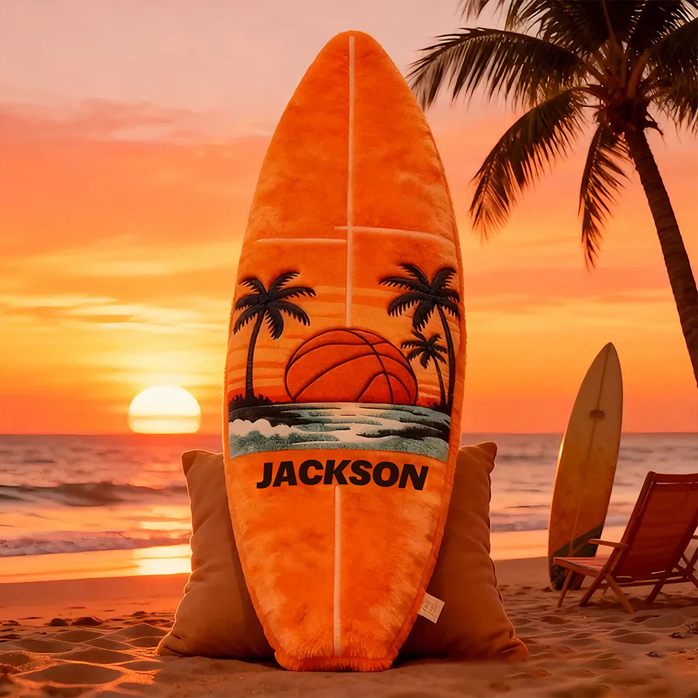 Personalized Surfboard Basketball Pillow with Custom Name for Beach Lovers and Basketball Lovers