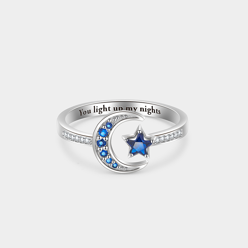 Personalized Moon and Star Birthstone Ring with Custom Engraving, Elegant Sterling Silver Jewelry for Meaningful Romantic Gifts