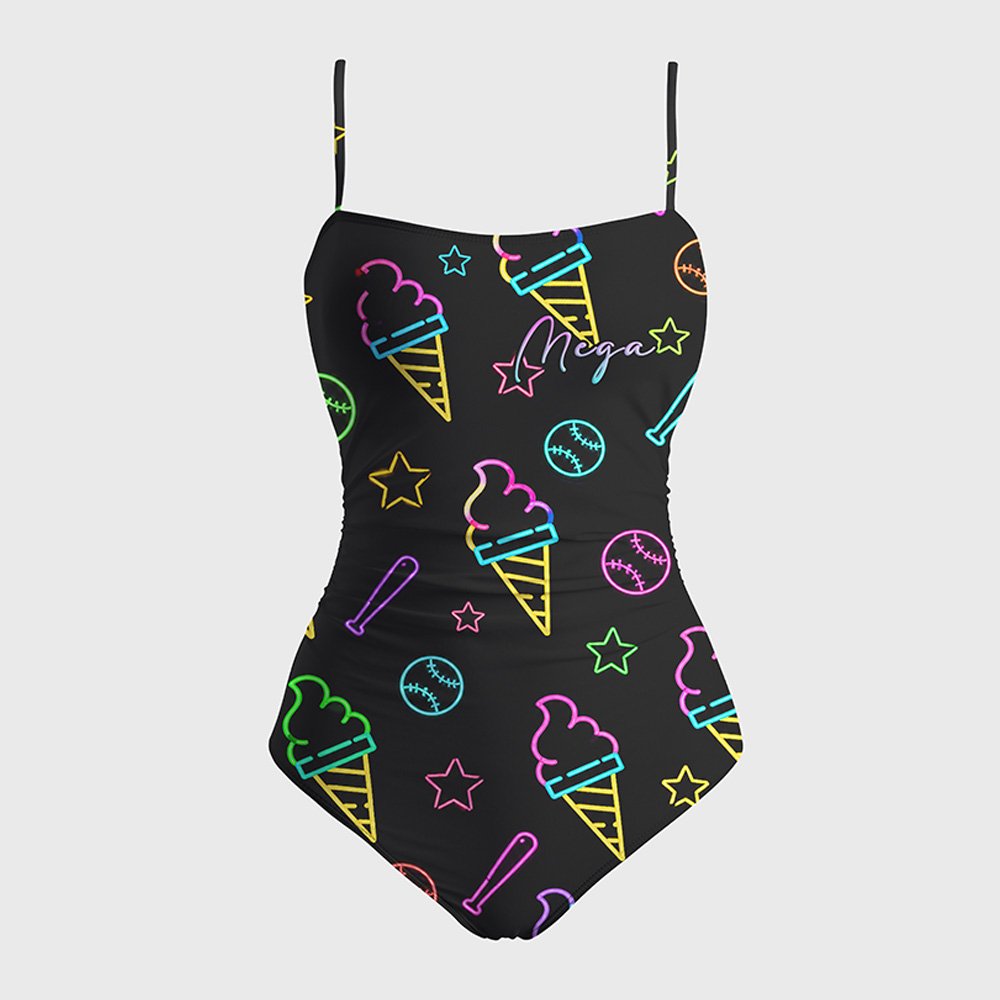 Personalized Women’s Baseball & Softball Ice Cream One-Piece Swimsuit – Neon Ballpark Treats Print