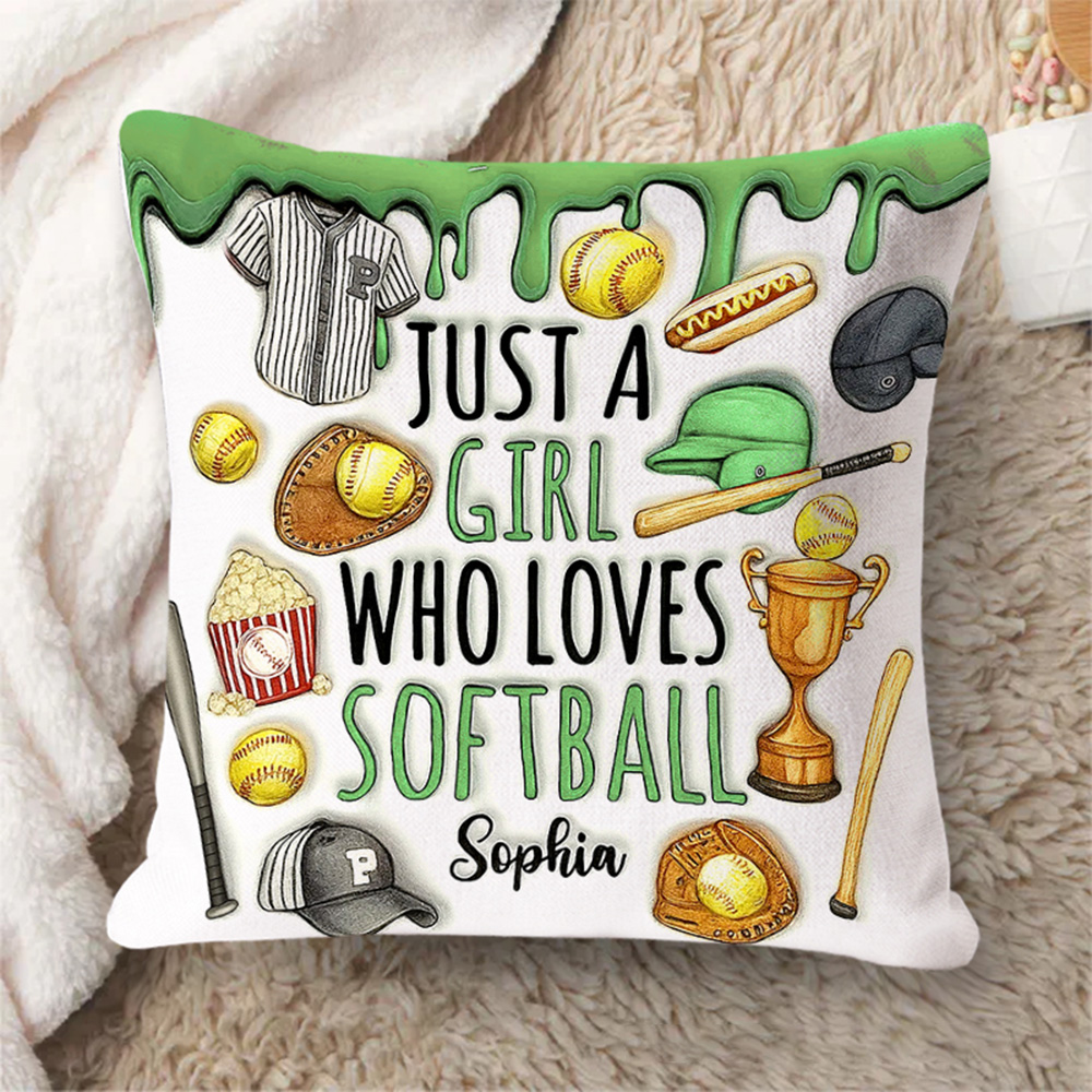 Personalized "Just a Girl Who Loves Softball" Throw Pillow with Sports Icons and Custom Name for Softball Enthusiasts   