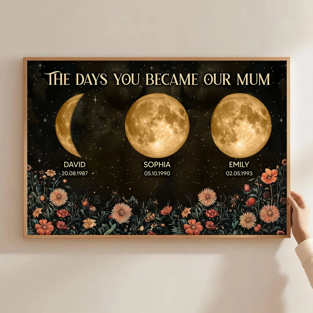 Personalised Moon Phase Family Print – “The Days You Became Our Mum” Custom Poster with Names, Dates & Birth Moons – Unique Mother’s Day Gift