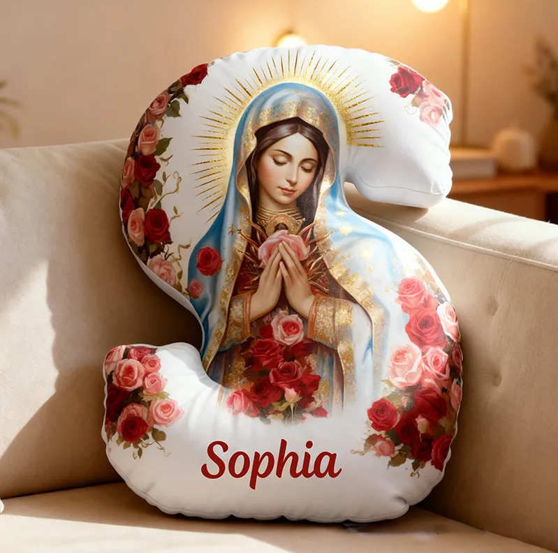 Personalized Virgen De Guadalupe Letter Pillow with Custom Name Home Decor Religious Christian Gift for Her Virgin Mary Red Rose Graphic 3D Print