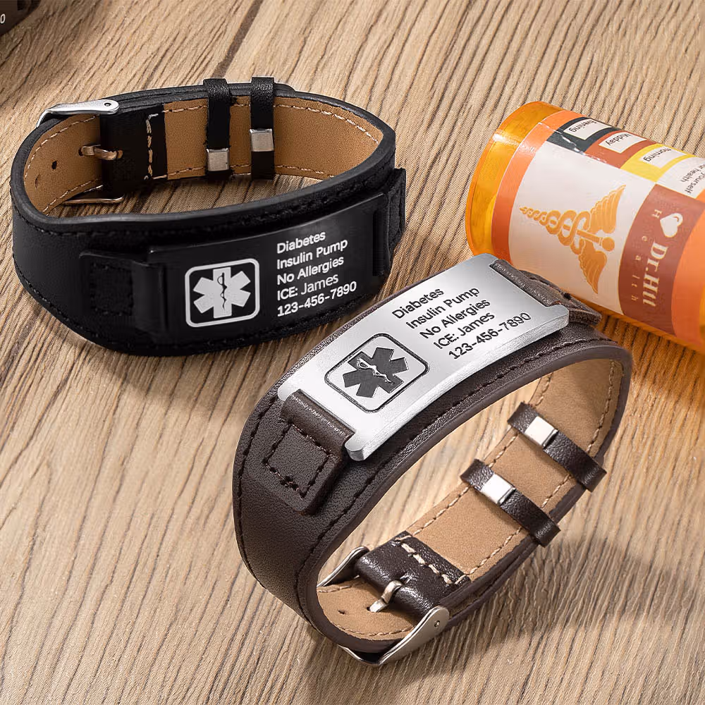 Personalized Adjustable Leather Emergency Medical Alert Bracelet with Engraved Text Gift for Man or Woman