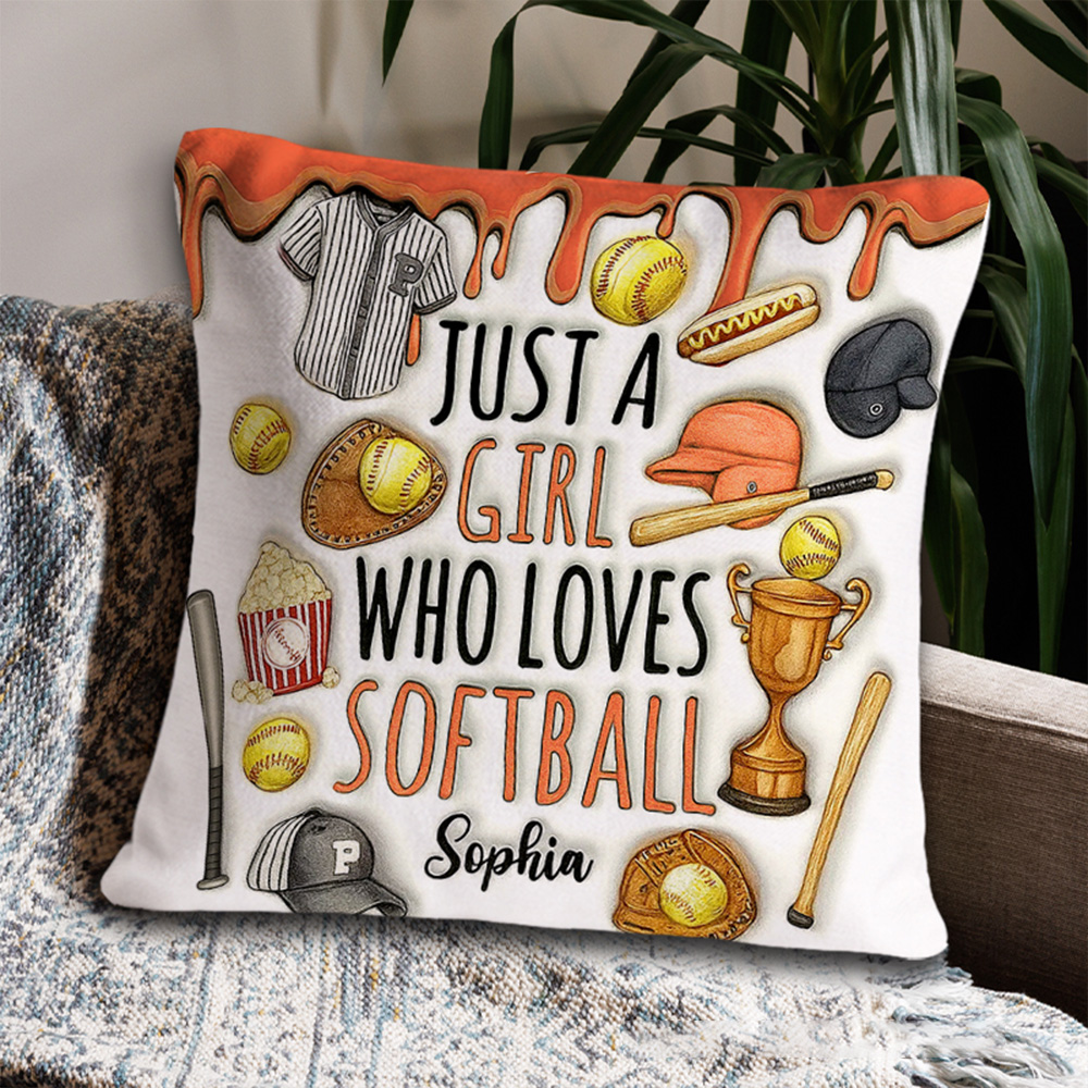 Personalized "Just a Girl Who Loves Softball" Throw Pillow with Sports Icons and Custom Name for Softball Enthusiasts   