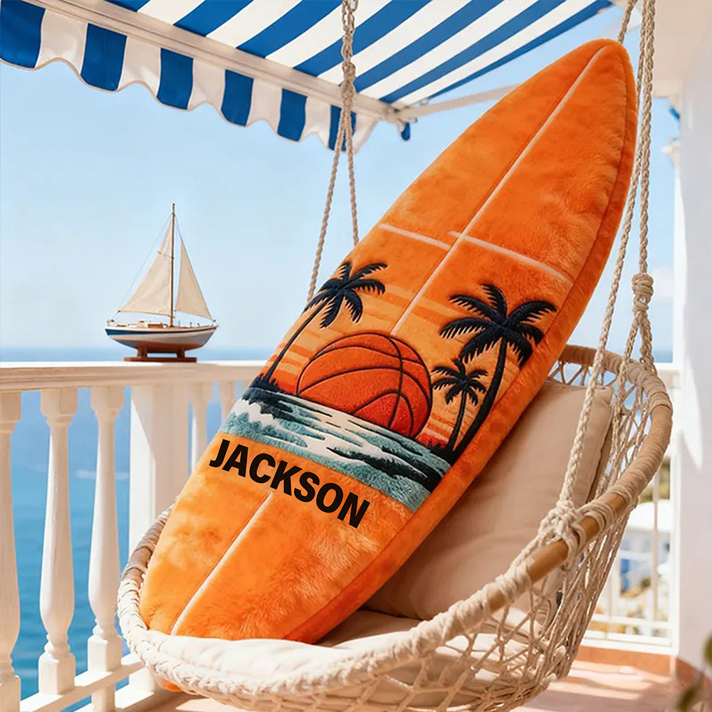 Personalized Surfboard Basketball Pillow with Custom Name for Beach Lovers and Basketball Lovers