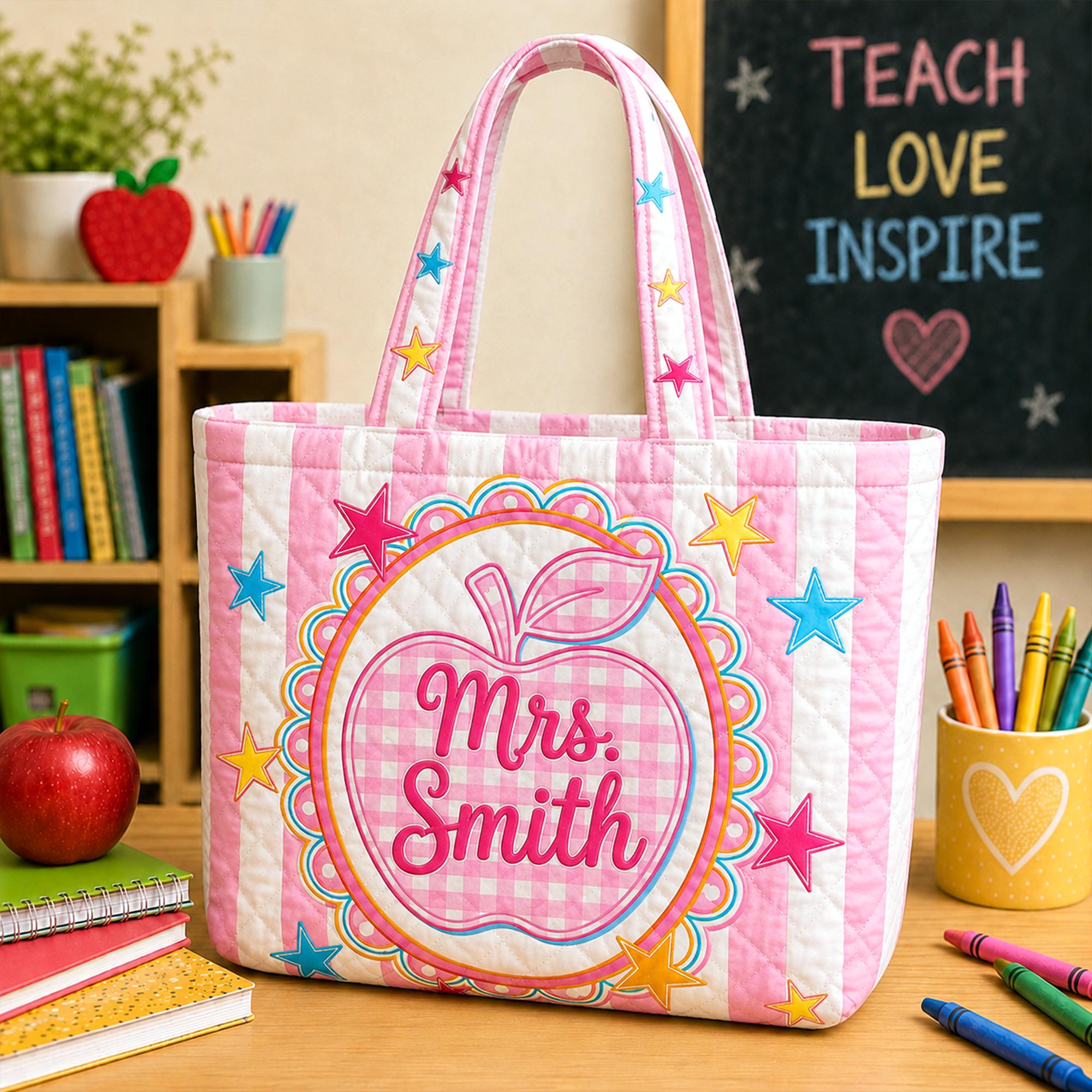 Personalized Teacher Quilted Tote Bag Custom Name Apple Bag Back to School Teacher Gift