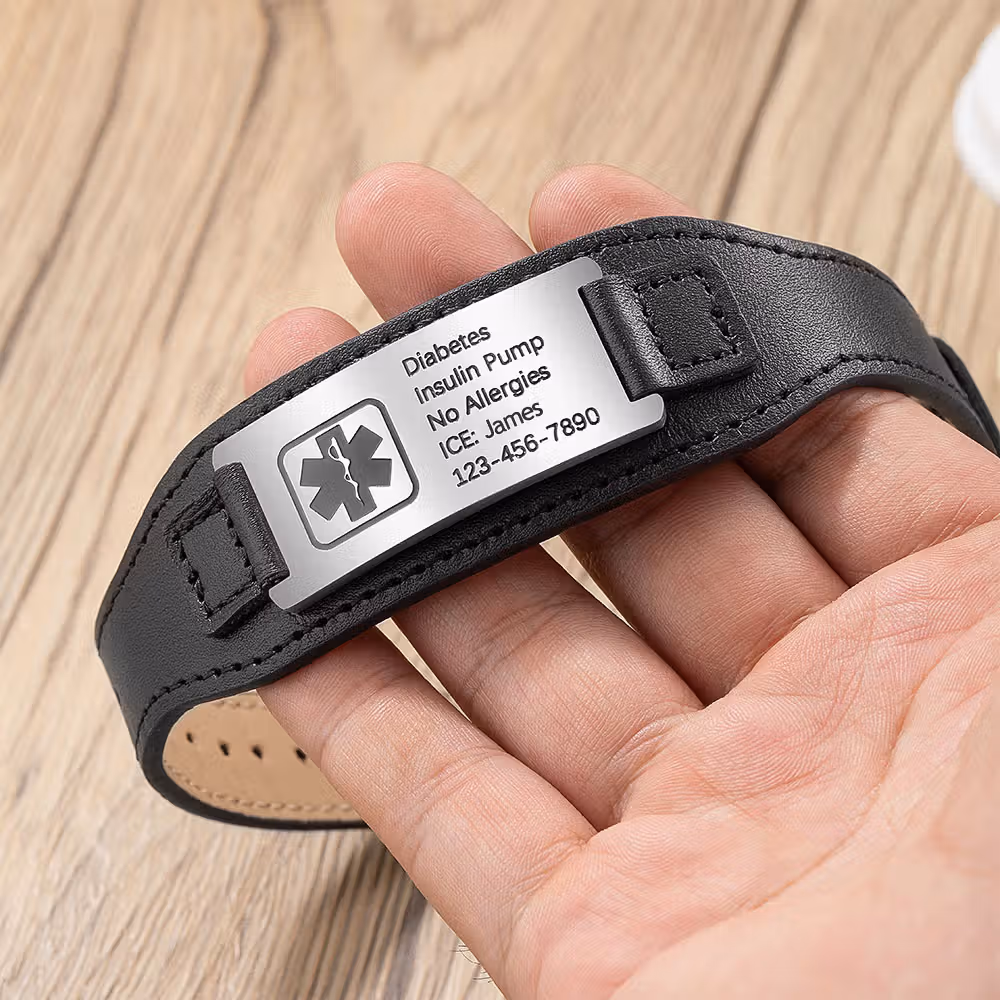 Personalized Adjustable Leather Emergency Medical Alert Bracelet with Engraved Text Gift for Man or Woman