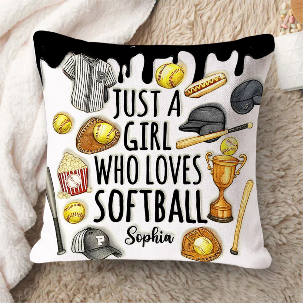Personalized "Just a Girl Who Loves Softball" Throw Pillow with Sports Icons and Custom Name for Softball Enthusiasts   