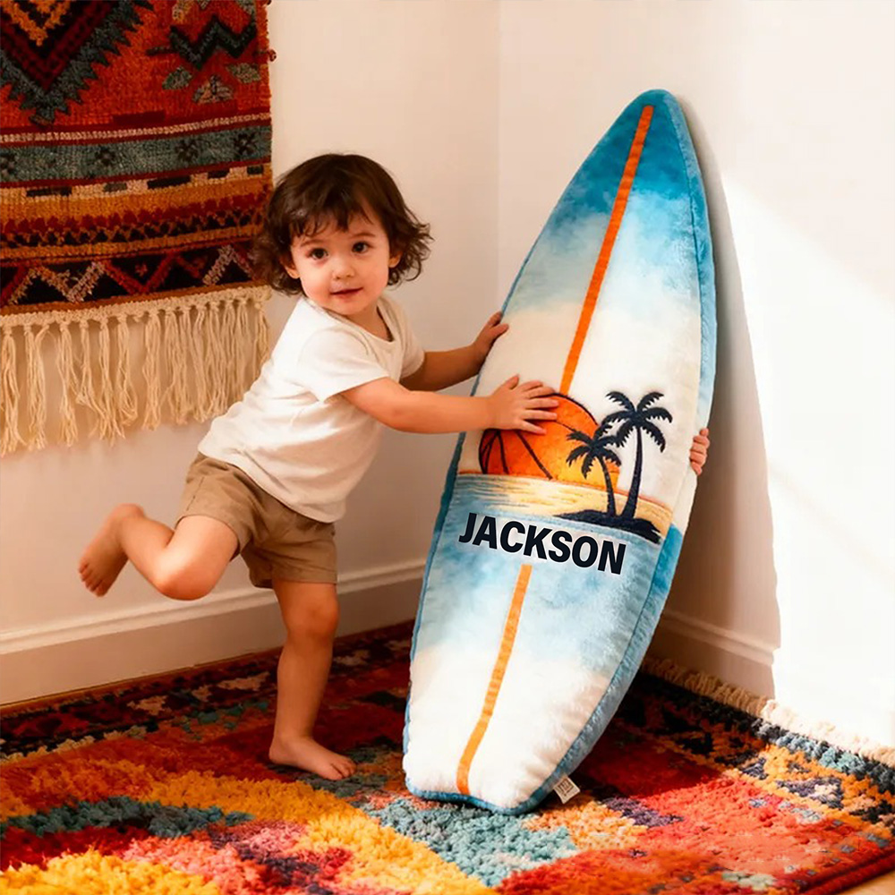 Personalized Surfboard Basketball Pillow with Custom Name for Beach Lovers and Basketball Lovers