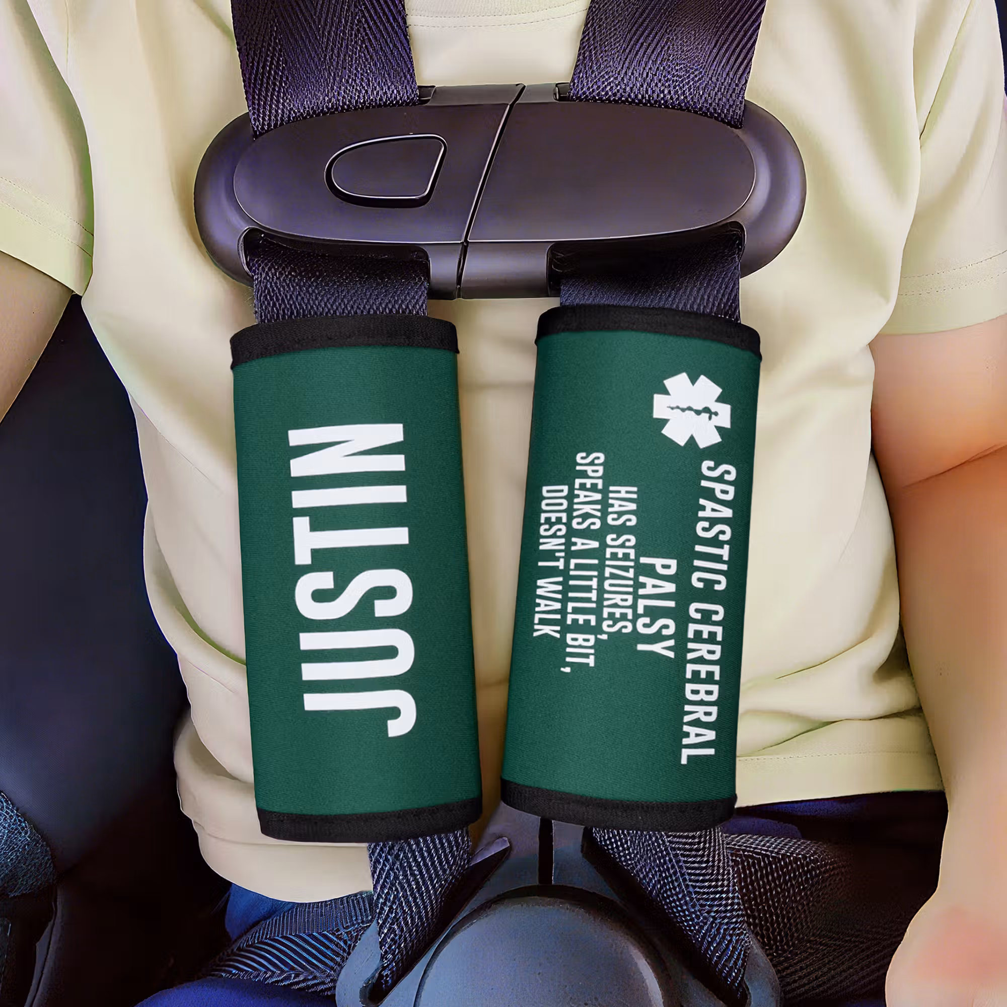 Personalized Multicolor Emergency Alert Carseat Straps with Name and Text Set of 2 Birthday Caring Gift for Allergy Autism Kids Family