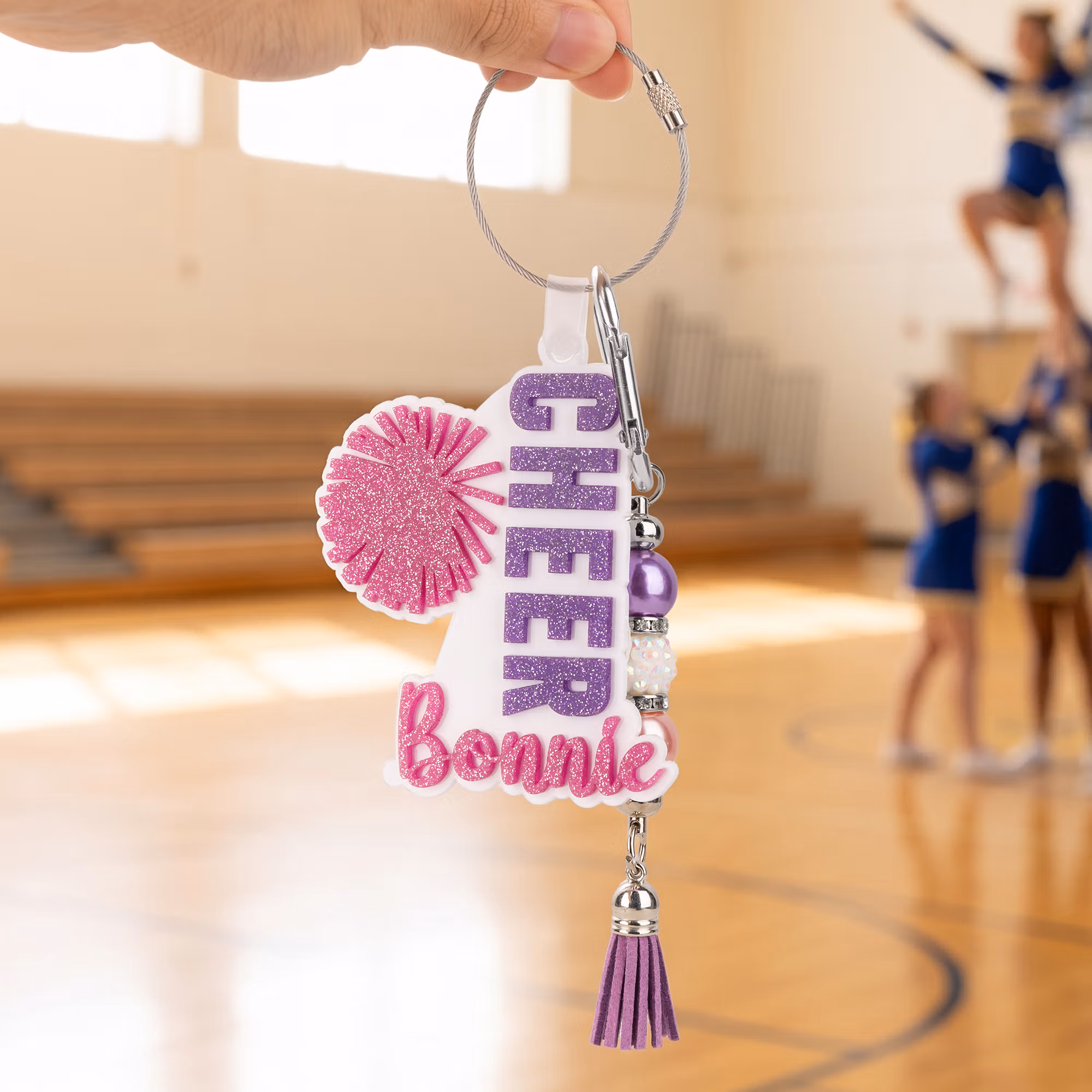 Personalized Glitter Bow Ribbon Cheering Horns Charm Keychain with Name and Tassel Sports Team Birthday Gift for Cheerleader