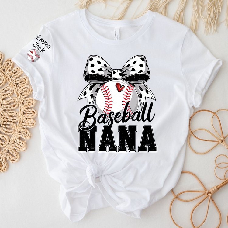 Personalized Baseball Nana Shirt – Custom Grandma T‑Shirt with Bow and Name, Gift for Proud Baseball Grandma