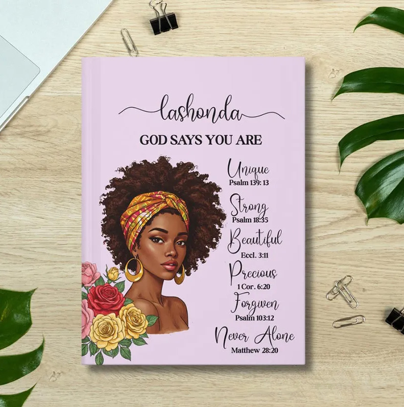 Personalized African American Woman God Says you are A5 Prayer Journal Notebook with Name Gift for Christian Religious Gift for Girls