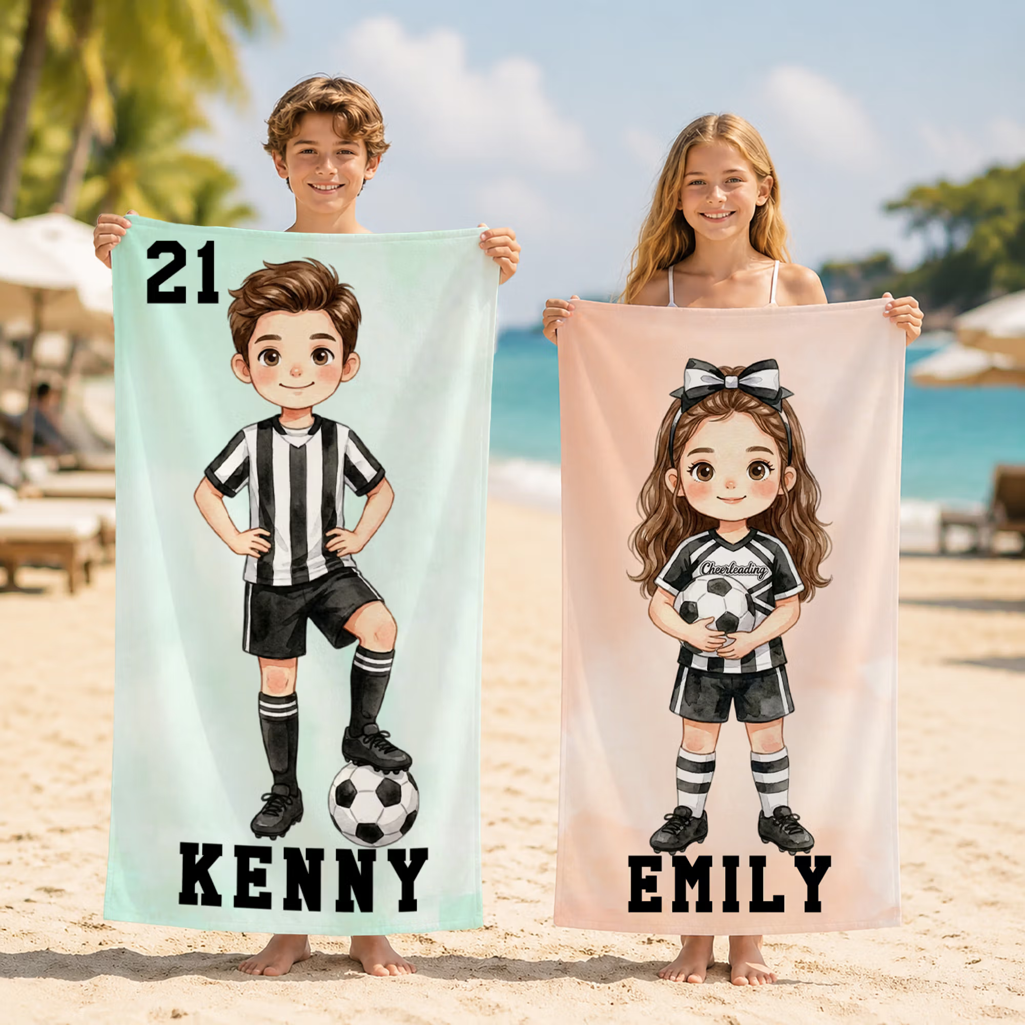 Personalized Cartoon Soccer Player Photo Quick Dry Oversized Beach Towel with Name Summer Vacation Beach Party Birthday Gift for Soccer Player Lover