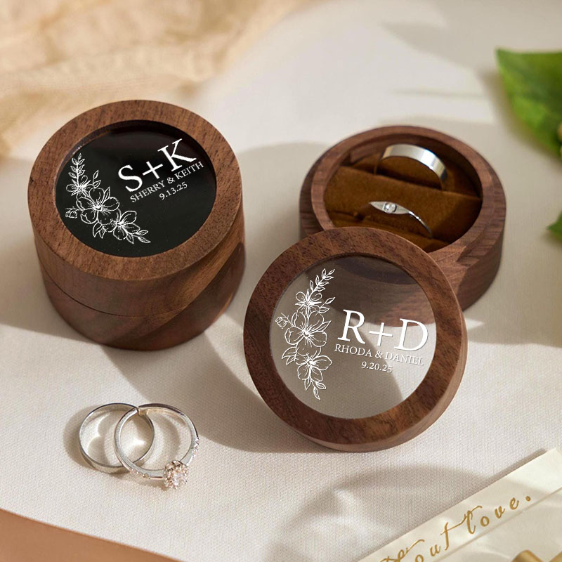 Personalized Couple Wedding Romantic Floral Wooden Ring Box Newlyweds Initials Name Round Ring Box with Acrylic Cover Husband Wife Engagement Ring Box