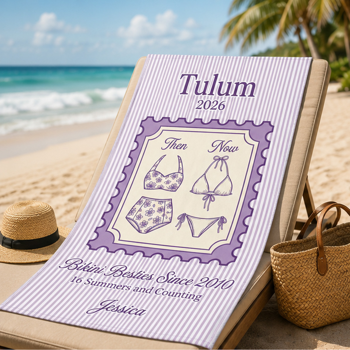 Personalized Bikini Besties Beach Towel – Then & Now Swimsuit Design, Custom Trip, Year and Name