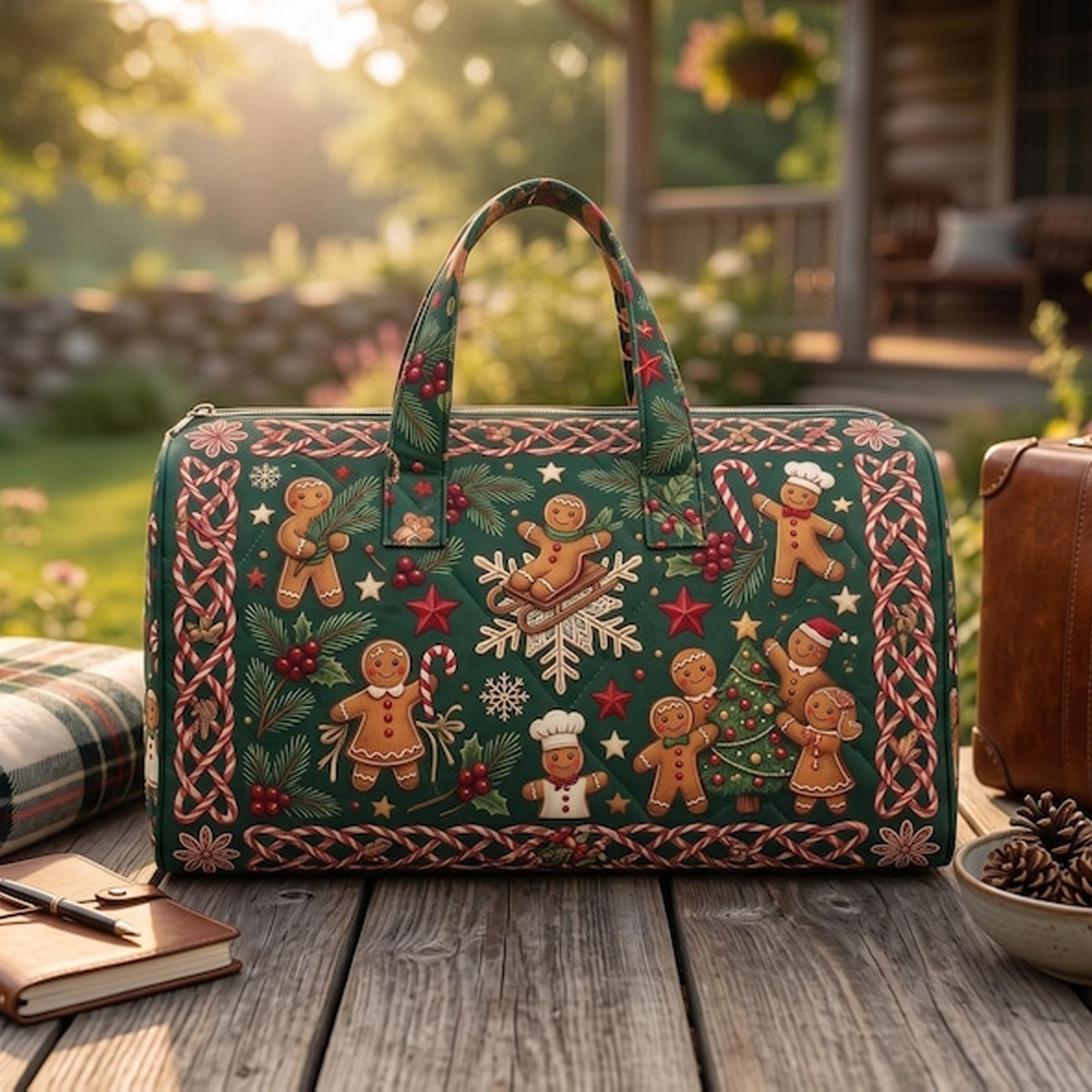 Quilted gingerbread Christmas weekend bag – a festive travel duffel tote for all your cozy holiday getaways. 