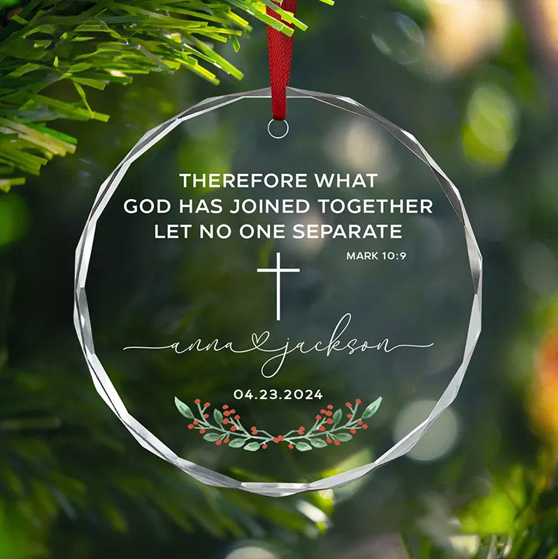 Personalized Bible Verse Mark 10:9 Christian Wedding Christmas Glass Ornament with Custom Name and Date Bible Verse Decor Engagement Gifts