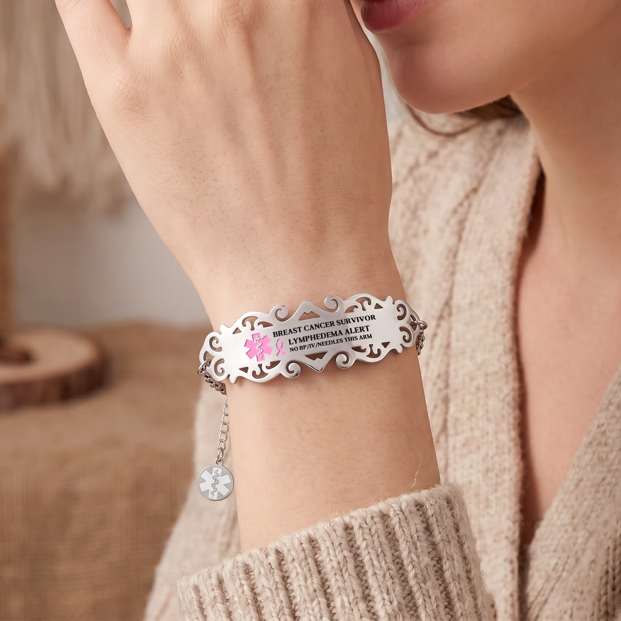 Personalized Pink Ribbon Bow Lymphedema Medical Alert Bracelet with Engraved Text and Title Emergency Jewelry Care Gift for Breast Cancer Woman