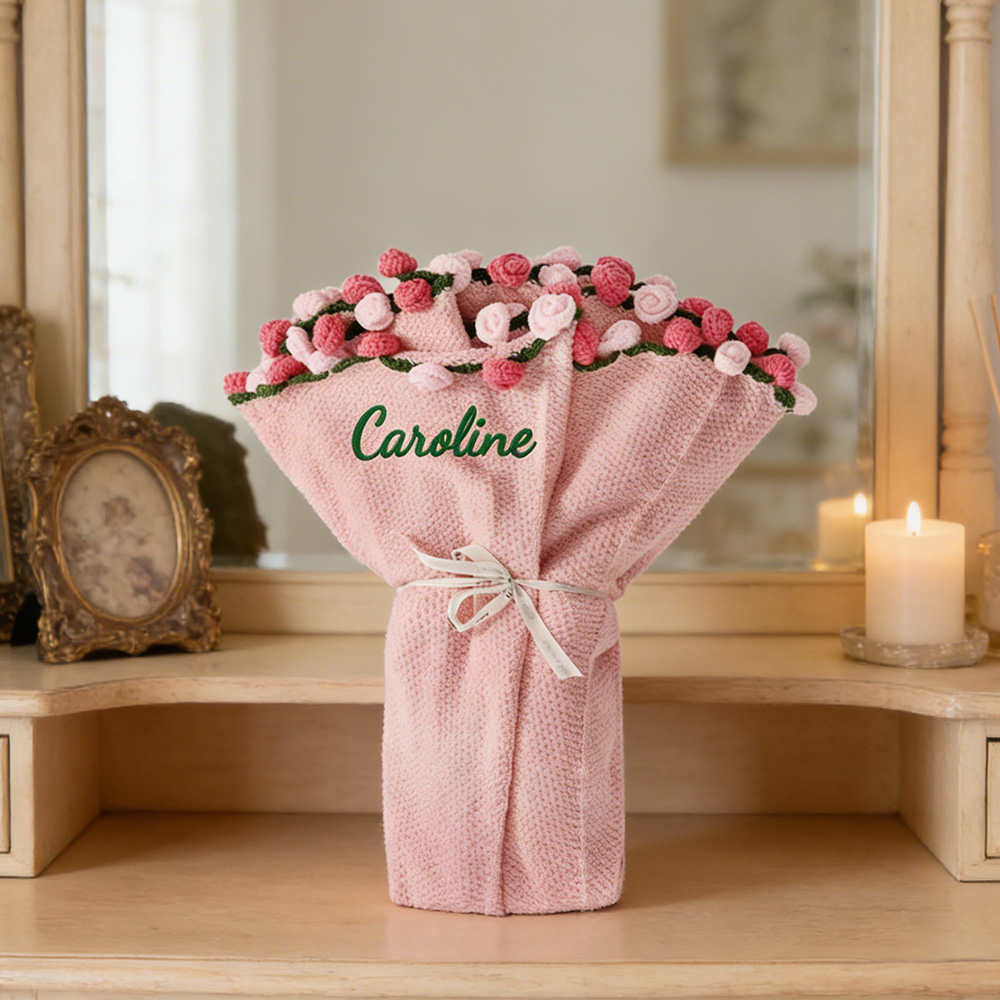 Personalized Pink Crochet Rose Bouquet Blanket Flower Blanket Custom Name Floral Knit Wrap for Her Mother's Day Gift