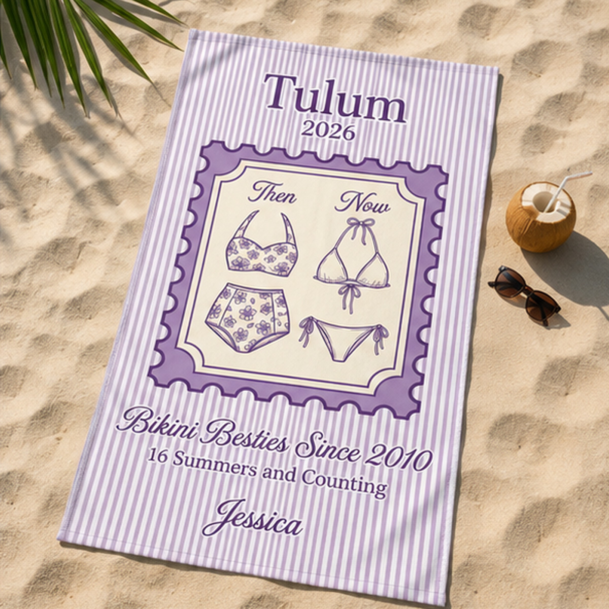 Personalized Bikini Besties Beach Towel – Then & Now Swimsuit Design, Custom Trip, Year and Name