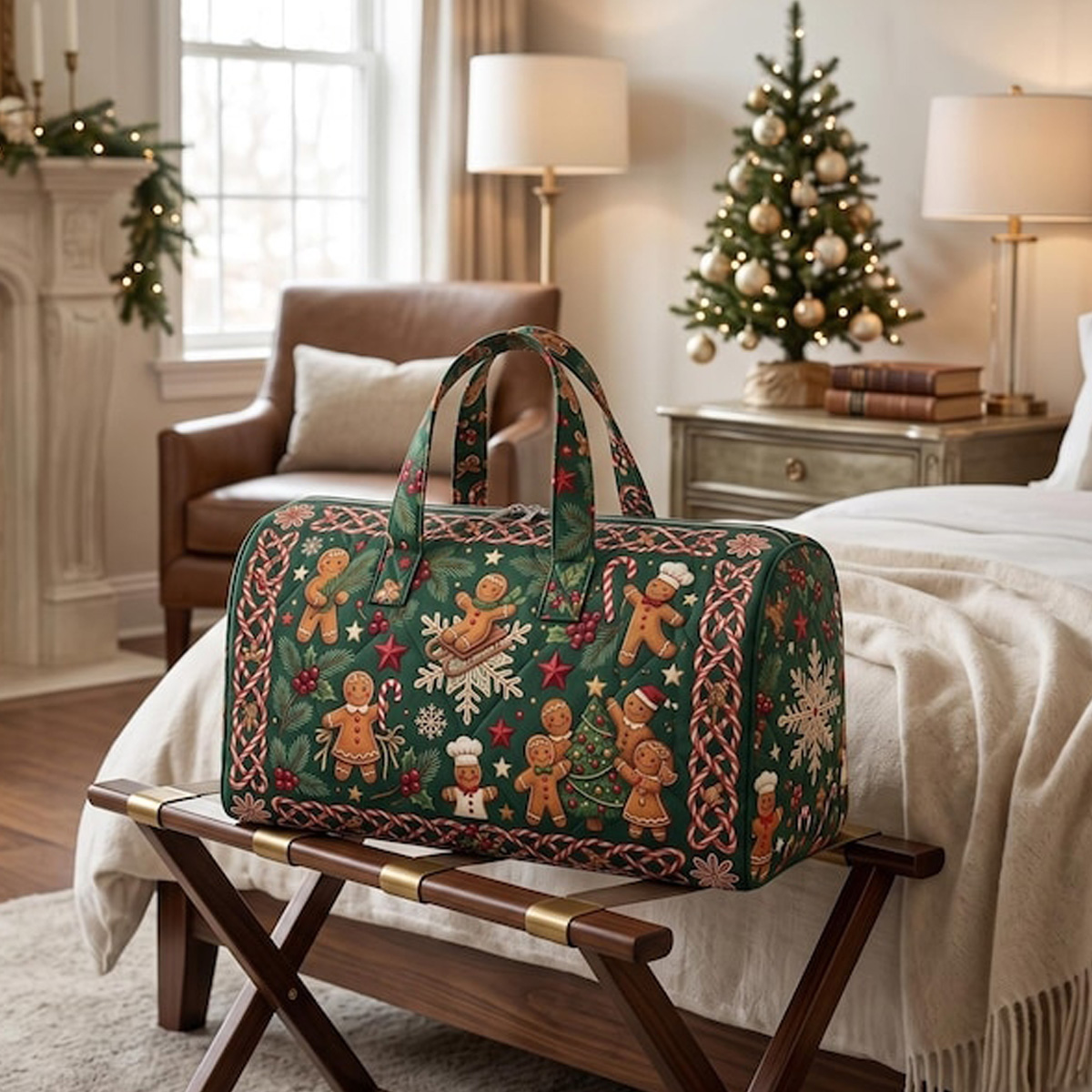Quilted gingerbread Christmas weekend bag – a festive travel duffel tote for all your cozy holiday getaways. 