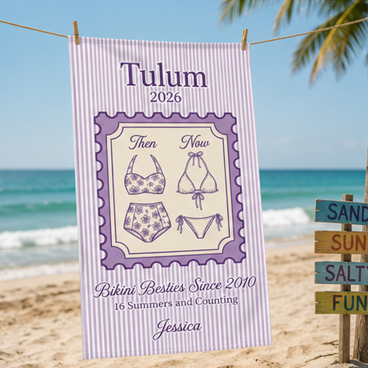 Personalized Bikini Besties Beach Towel – Then & Now Swimsuit Design, Custom Trip, Year and Name