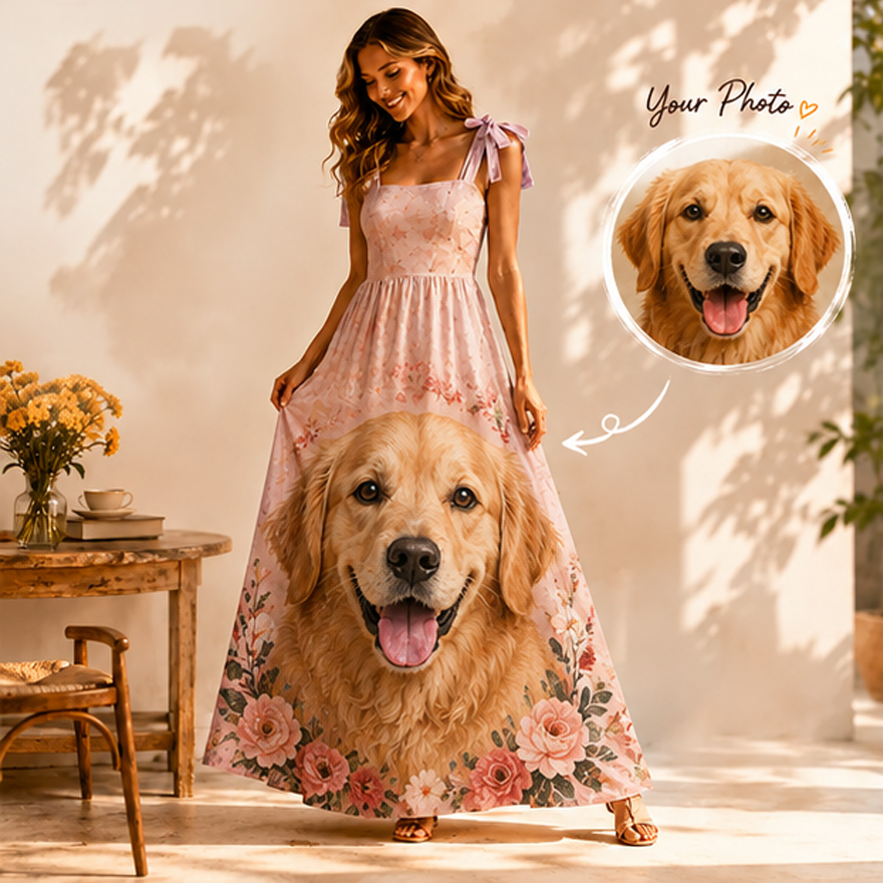 Personalized Oil Painting Pet Photo Maxi Dress Custom Image Gift for Pet Lover