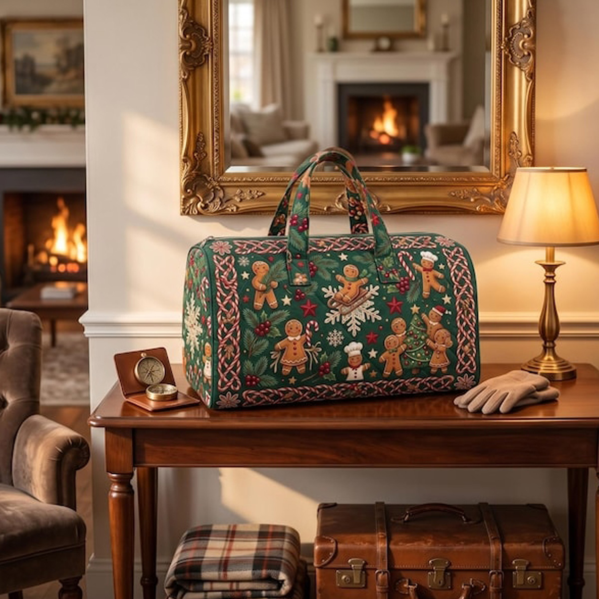 Quilted gingerbread Christmas weekend bag – a festive travel duffel tote for all your cozy holiday getaways. 