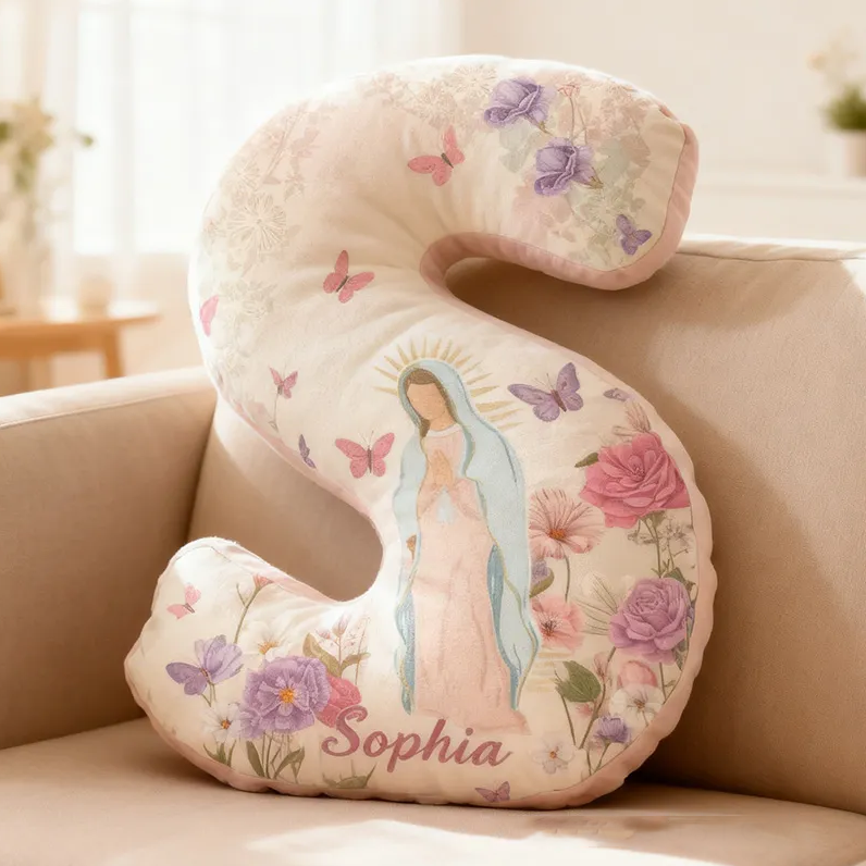 Personalized Virgin Mary Letter Pillow with Custom Name Catholic Home Decor Religious Gift for Her Floral Butterfly Graphic 3D Print Pillow