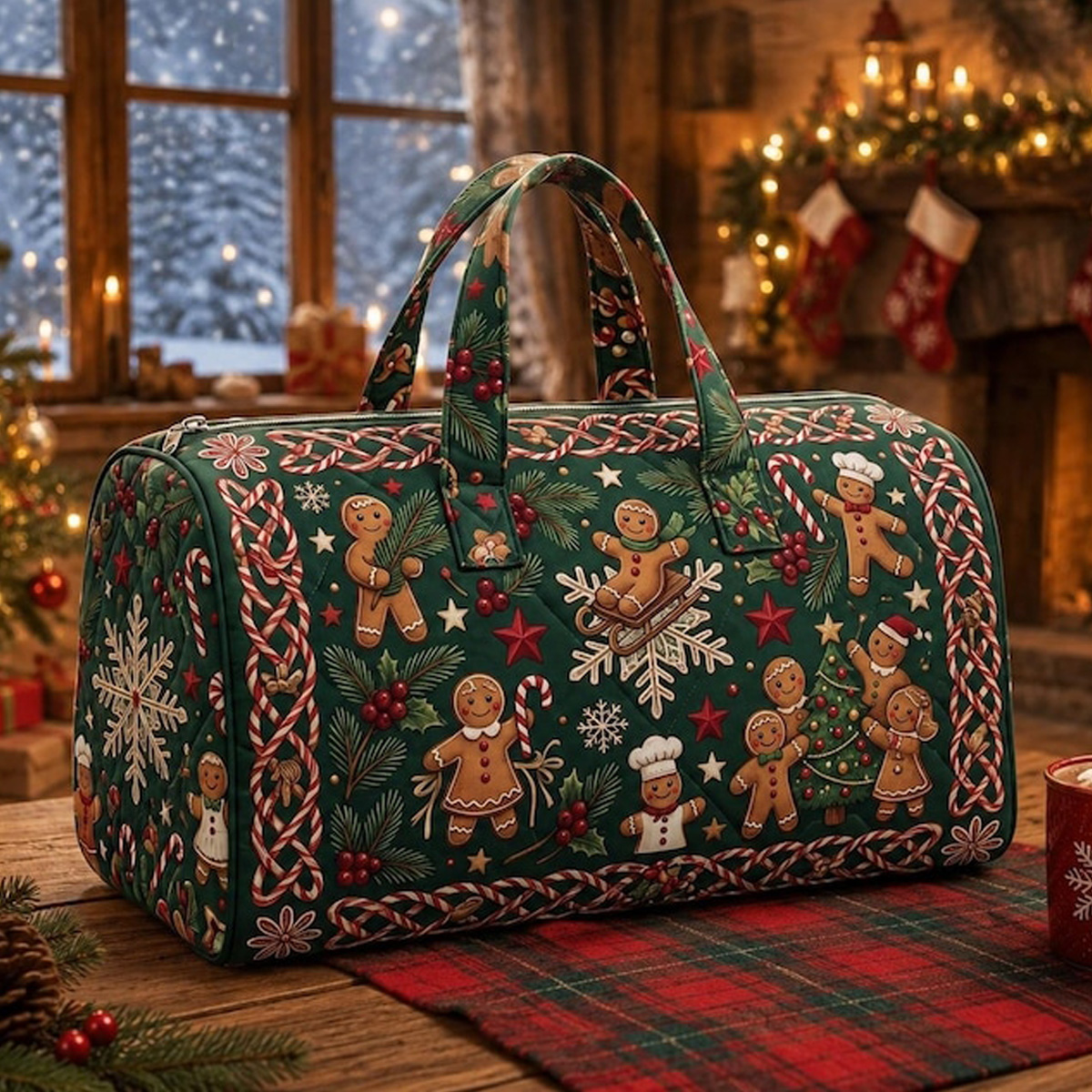 Quilted gingerbread Christmas weekend bag – a festive travel duffel tote for all your cozy holiday getaways.