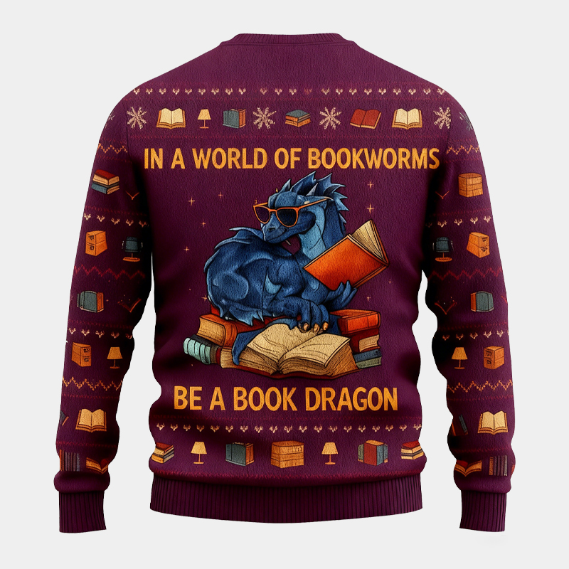 Personalized Funny Dinosaur Reading Ugly Christmas Sweater Gift for Book Lovers 