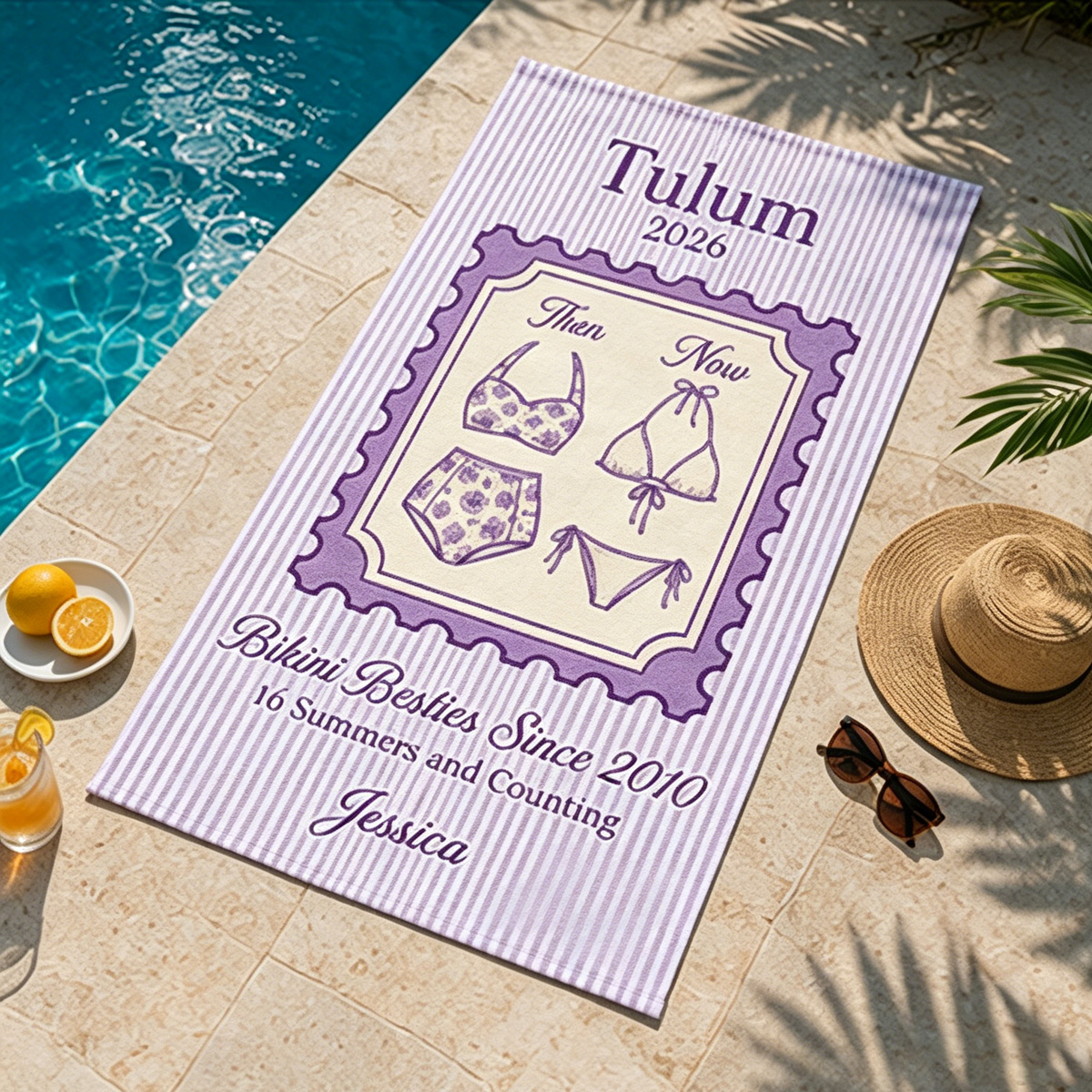 Personalized Bikini Besties Beach Towel – Then & Now Swimsuit Design, Custom Trip, Year and Name