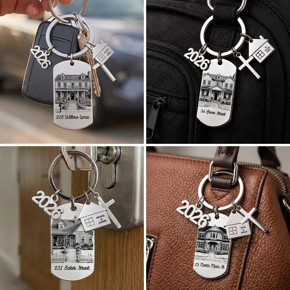 Personalized Photo Pencil Sketch New Home New Beginnings New Memories - Personalized Stainless Steel Keychain